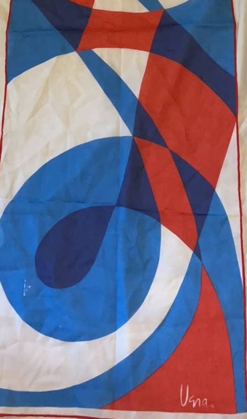 Vintage VERA Neumann Scarf ~ Signed ~ Semi Sheer ~ Made in Japan ~ Red & Blue
